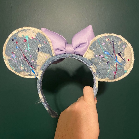 Denim Mouse Ears Headband With Purple Bow - Picture 2 of 2